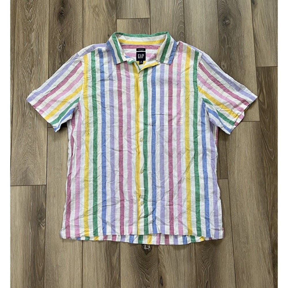 GAP Linen Camp Shirt Mens Medium Pastel Colorful Striped Summer Beach Resort